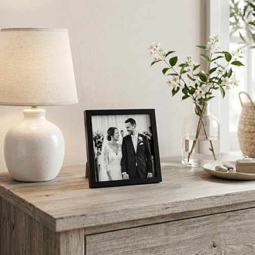 Americanflat 5x5 Picture Frame - Slim Molding - Black | Shatter-resistant glass, wall or tabletop display with included easel, triangle hangers included, secure turn-tab backing - color: Black, size: 5x5