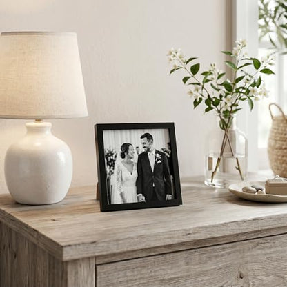 Americanflat 5x5 Picture Frame - Slim Molding - Black | Shatter-resistant glass, wall or tabletop display with included easel, triangle hangers included, secure turn-tab backing - color: Black, size: 5x5