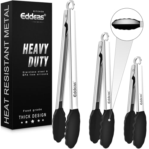 Kitchen Tongs with Silicone Tips, Heat Resistant 600 Degrees All Metal handle Locking Tongs For Cooking with Rubber Tips, Heavy Duty Stainless steel Food Tongs, Set of 3-7" 9" & 12" Black - color: Black Silicone Tip 3PCS, size: 7+9+12 inch