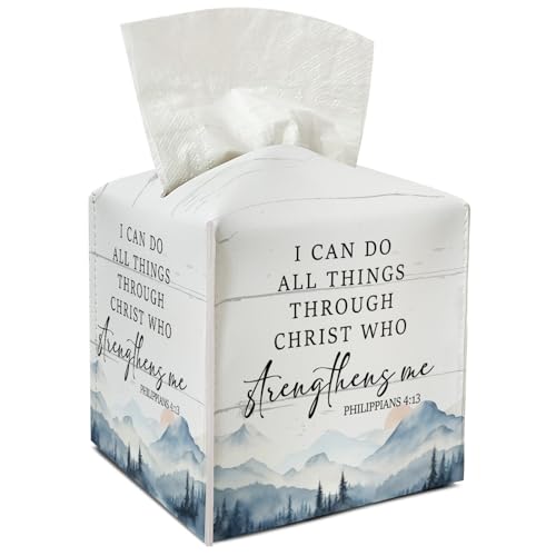 Christian Leather Tissue Holder with Bottom Belt for Women Housewarming Gift Inspirational Tissue Box Cover Bathroom Car Nightstand Vanity Kitchen Decor Waterproof Napkin Organizer Dispenser - FS702 - color: Blue 01