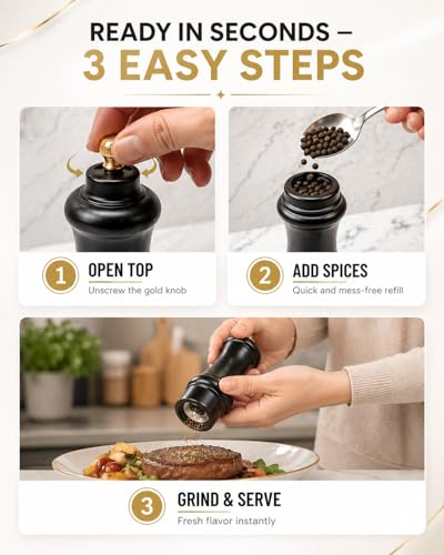 Wooden Black and White Manual Refillable Large Salt and Pepper Grinder Set, Shaker with Adjustable Ceramic Grinding Mechanism for Customized Coarseness, 8 Inches, Pack of 2