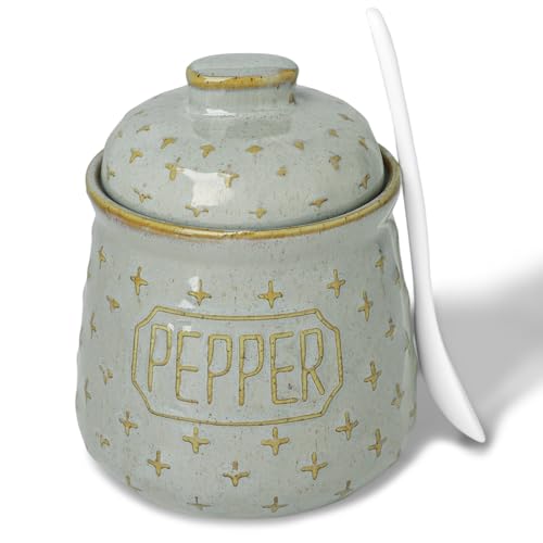 Pepper Bowl with Lid and Spoon, 10 oz Ceramic Seasoning Jar (Vintage Grey) | Easy One-Hand Access, Keeps Seasonings Fresh, Wide Opening, Easy to Clean, Dishwasher Safe - color: vintage Grey, size: 4.3" Label Pepper