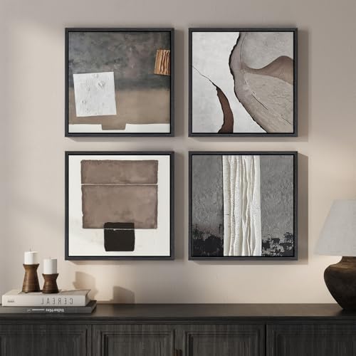 Framed Modern Abstract Wall Art for Living Room, 4 Piece Neutral Contemporary Brown Canvas Prints Artwork for Walls, Minimalist Geometric Square Wall Art for Bedroom Office Hallway, 12x12 Inch - color: Neutral
