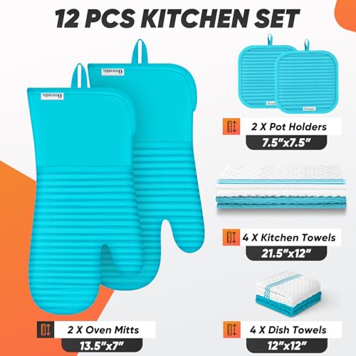 Oven Mitts Kitchen Towels and Dishcloths with Pot Holders Sets, Oven Gloves Hot Pads 500°F Heat Resistant with Silicone Grip, Include 2 Cooking Gloves/2 Potholders/4 Kitchen Towels/4 Dish Towels - color: Lake Blue