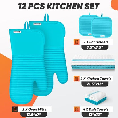 Oven Mitts Kitchen Towels and Dishcloths with Pot Holders Sets, Oven Gloves Hot Pads 500°F Heat Resistant with Silicone Grip, Include 2 Cooking Gloves/2 Potholders/4 Kitchen Towels/4 Dish Towels - color: Lake Blue