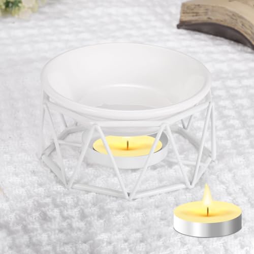 uxcell Metal Tealight Candle Holder, Triangle Shape Ceramic Tealight Wax Warmer Aroma Diffuser Furnace Home Decoration, White - color: White