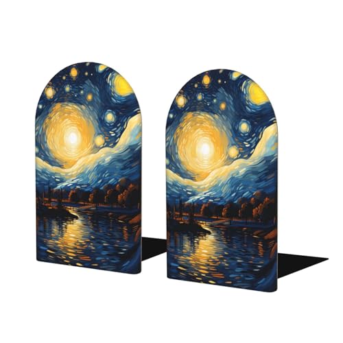 Painting Starry Sky Wooden Bookends for Shelves Decorative Book Ends Universal Book Organizer Holder for Office, Heavy Books, Vinyl Records - color: Painting Starry Sky