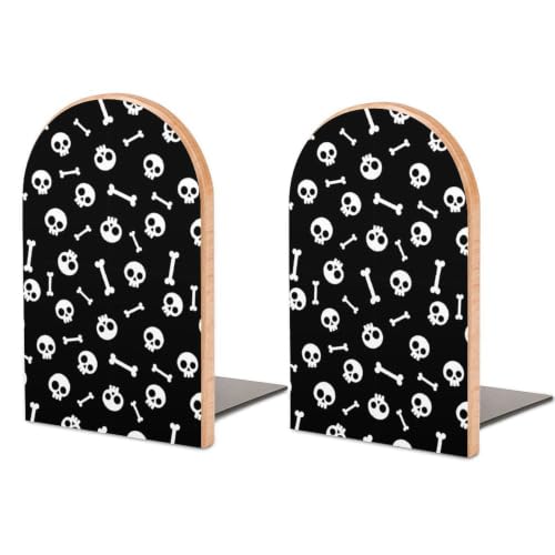 Set of 2 Wood Book Ends Holders Desk Bookends with Metal Base, Skull Bones | Non Skid and Sturdy, Decorative Book Stand for Shelves, Office, Library, Small - color: Style(635)