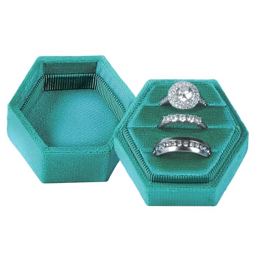 MFXIP Velvet 3 Slots Jewelry Ring Box Engagement Wedding Box Keepsake Box Bridal Photo Ring Triple Slots Hexagon - color: Sapphire Green