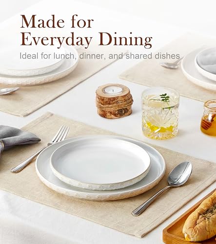 Lareina Ceramic Dinner Plates 10 Inch, Embossed Boho Stoneware Plates for Dessert, Salad, Appetizer, Dinner, Microwave & Dishwasher Safe, Scratch Resistant-Set of 4, Ivory White - size: 10 inch