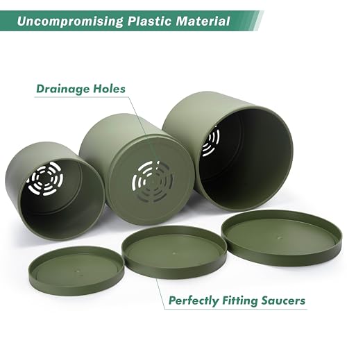D'vine Dev 3-Pack Plastic Pots & Saucers, 6.5/8/10 in, Olive, 74-V-I-4 | Multi-Size Options, Lightweight Durable, Matte Finish, Cylinder Shape, Drainage Holes, Sleek Design, Detachable Saucer - color: Olive, size: Large