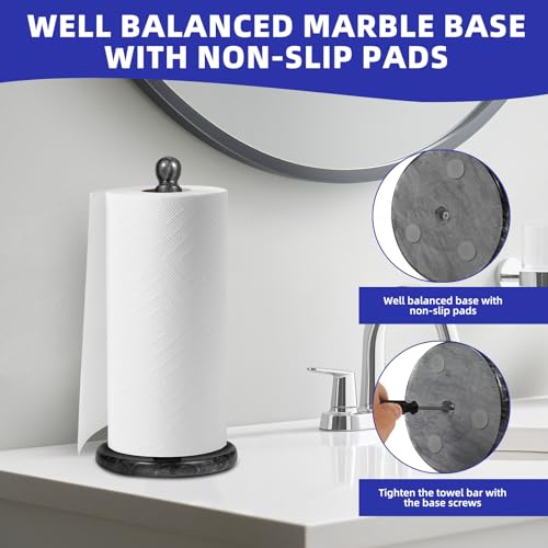 Natural Marble Paper Towel Holder for Kitchen Countertop - 2.6 lbs Heavy Duty Weighted Base for One-Handed Tearing -Fits Extra-Large & Jumbo Rolls - Elegant Modern Design with Ball Top - Black - color: Black & Grey