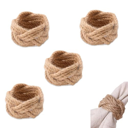 Set of 4 Woven Napkin Rings 2 Inches Round Braided Burlap Rustic Farmhouse Style Coastal Boho Western Rattan Wicker Rings for Summer Napkins and Table Decor