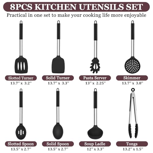 TeamFar Kitchen Utensils Set of 8, Silicone Utensils Kitchen Tools Set | with Stainless Steel Handle, for Frying Serving Flipping Draining, Non-toxic & Heatproof, Nonstick & Dishwasher Safe - Black - color: Black