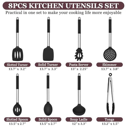 TeamFar Kitchen Utensils Set of 8, Silicone Utensils Kitchen Tools Set | with Stainless Steel Handle, for Frying Serving Flipping Draining, Non-toxic & Heatproof, Nonstick & Dishwasher Safe - Black - color: Black