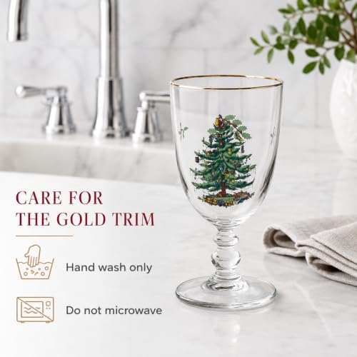 Spode Christmas Tree Pedestal Goblets, 16 Oz - Clear, Set of 4 | Holiday Stemmed Glasses with 22K Gold Rim for Wine, Water & Cocktails, Festive Drinkware for Christmas Dining & Entertaining - style: Pedestal Goblets