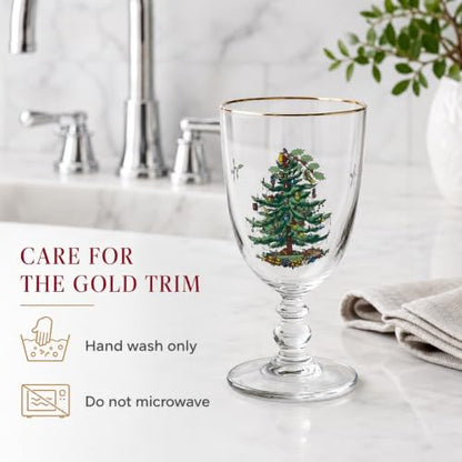 Spode Christmas Tree Pedestal Goblets, 16 Oz - Clear, Set of 4 | Holiday Stemmed Glasses with 22K Gold Rim for Wine, Water & Cocktails, Festive Drinkware for Christmas Dining & Entertaining - style: Pedestal Goblets