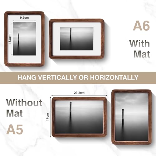 Acovy A5 (14.8x21cm) Picture Frame, Natural Solid Walnut | Handcrafted Wooden Photo Frame, Dual Use for Tabletop & Wall Mount, Matted to Fit A6 Photos, HD Tempered Glass - color: Walnut, size: A5(14.8x21cm)