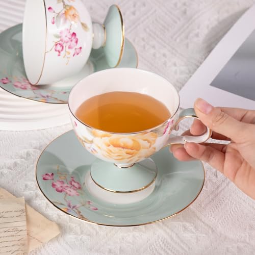 KAMMAK Tea Cups Set of 2,Ceramic Floral Pattern Demitasse Cup | Porcelain Espresso Cup with Saucer, 7.44 oz Handmade Elegant Bone China Tea Cups for Latte, Americano, Cappuccino - color: Spring Fragrance