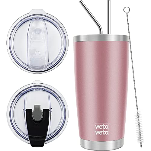 WETOWETO 20oz Insulated Stainless Steel Coffee Mug, Double Wall Vacuum Travel Mug with 2 Lids and 2 Straws, Powder Coated Tumbler Cup (Rose Gold,1) - color: A1-Rose Gold, style: Tumbler, 2 Lids, Straw