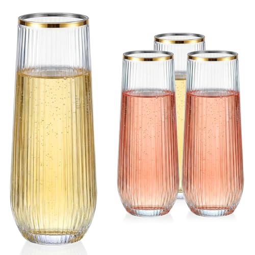 GuanQiao 12 Pack Stemless Plastic Champagne Flutes with Gold Rim, 9oz Ribbed Disposable Champagne Glasses. Heavy Duty Shatterproof Mimosa Glasses for Party, Wedding and New Years Eve Supplies - color: Gold Rim, size: 12-pack