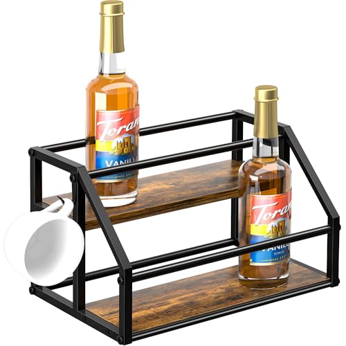 Coffee Syrup Rack Organizer, Syrup Bottle Holder Stand for Coffee Bar, 2-Tier 8 Bottles Storage Shelves for Syrup, Wine, Dressing for Kitchen Countertop, Rustic Brown & Black - color: Rustic Brown & Black