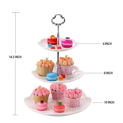 3-Tier Porcelain Cupcake Stand Serving Tray - White Embossed Elegant Dessert Cake Stand - Pastry Serving Stand for Tea Party, Wedding and Birthday