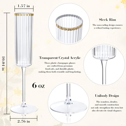 36PCS Plastic Champagne Flutes Ribbed for Weddings & Parties | Gold trim Champagne Glasses, 6 oz, Elegant Sparkling Wine Stemware, Disposable yet Sturdy, for Toasting at Anniversaries