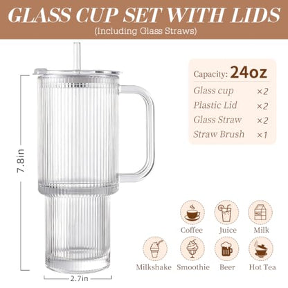 Iced Coffee Cups with Lids 2Pcs: Ribbed Glass Tumbler with Straw and Lid 24oz - Coffee Bar Accessories - Glass Cups and Tumblers with Lids and Straws - Tumbler Leak Proof - Coffee Tumbler with Handle - color: Handled
