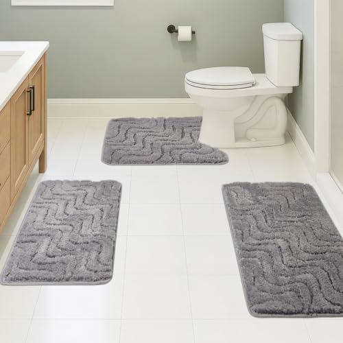 Bath Rugs Set 3 Pieces Bathroom Mat Soft Absorbent Plush Shaggy Soft Floor Non Slip Shower Bath Tub Machine Washable - color: Charcoal-wave, size: 20"x32"/20"x20"/17"x24"