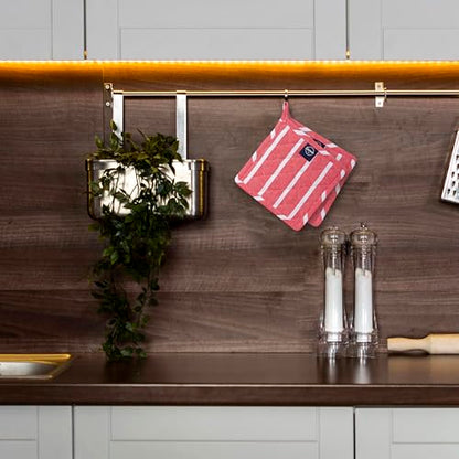 Encasa XO Pot Holders, Quilted Kitchen Hot Pads 8"x8" Roma Red Stripes | 100% Eco-Friendly Cotton | Thick Cotton Padding Insulation | Convenient Hanging Loop | Set of 2 - color: Roma Red Stripes