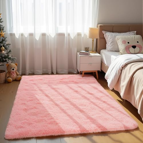 Zentavio Pink Rugs for Girls Room 3x5 Area Rugs for Living Room Small Carpet for Bedroom Cute Washable Soft Fluffy Shag Aesthetic Plush High Pile Throw Rug for Nursery Kids Room Dorm Room - color: Pink, size: 3' x 5' (Rectangular)