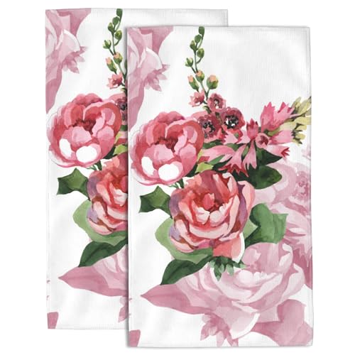 Pink Roses Hand Towel for Bathroom Set of 2 Hand Bath Towels Soft Absorbent Decorative Towels for Bathroom Kitchen Yoga Home Decor 14 x 28 in - color: Pink Roses