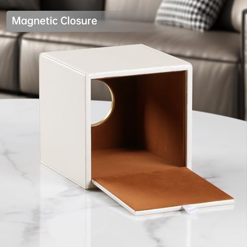 Square Tissue Box Cover with Magnetic Closure, Beige | Luxury PU Leather Tissue Holder with Gold Tone Metal Opening, Fits All Standard Cube Tissue Boxes - color: Beige