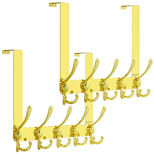 SKOLOO Over The Door Hook - for Doors up to 1-3/4'' Thickness, Pack of 2, Metal Door Hanger with 5 Triple Hooks, Over The Door Hanger for Coats, Hats,Towels, Gold, Assembly Required - color: Gold, size: 2 Pack