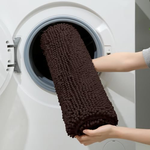 HOMEIDEAS 3 Pieces Bathroom Rugs, Ultra Soft Non Slip Absorbent Chenille Toilet Bath Mat Set (Brown) - color: Brown-brown, size: 17"x24"+20"x32"+U Shape 20"x24"