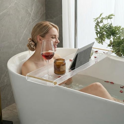 Bathtub Caddy Tray for Luxury Bathroom Bath tub Table Caddy Tray Shelf for Shower with Gold Handles fits All bathtubs - color: Ripple - With Handle