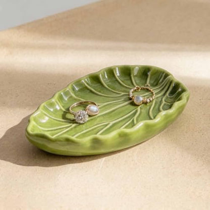 Nature Inspired Ceramic Jewelry Tray, 15 x 10 cm Green Catchall for Earrings Vanity Dresser Entryway Table Ac
