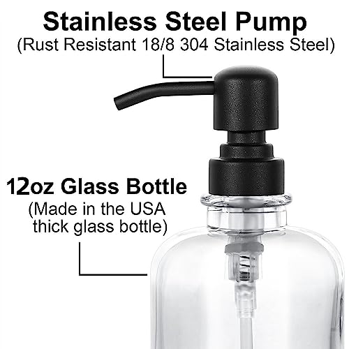 Thick Clear Glass Jar Hand Soap Dispenser Bathroom with Matte Black Stainless Steel Pump, 12ounce Clear Boston Round Bottle Dispenser with Rustproof Pump for Kitchen Dish (Matte Black)