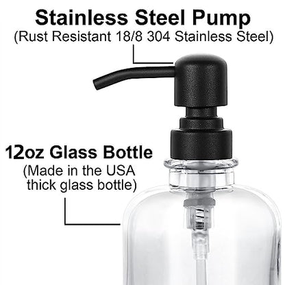Thick Clear Glass Jar Hand Soap Dispenser Bathroom with Matte Black Stainless Steel Pump, 12ounce Clear Boston Round Bottle Dispenser with Rustproof Pump for Kitchen Dish (Matte Black)