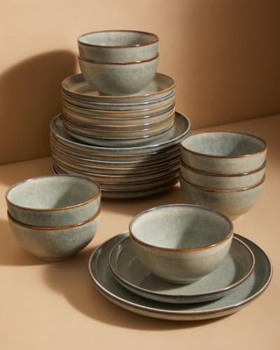 24 Piece Dinnerware Sets for 8, Modern Stoneware Plates and Bowls Setst, Perfect for Family Gatherings & Holiday Celebrations, Easy Cleaning Dishes Set, Stack Compactly Dishware, Green Wheat - color: Green Wheat, size: 24pcs (for 8)