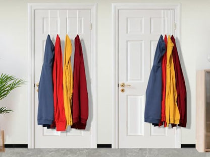 Single Extra Long Over Door Steel Hooks 4 Pack Fit 1-3/8" Door 14.2" White | Plastic Coated Rubber Feel Towel Rack Robe Coat Shoe Wreath Hanger No Damage No Scratch for Bathroom Heavy Duty Thin Top