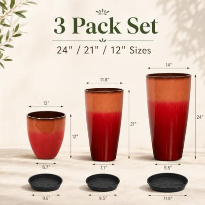Neoaider Set of 3 Tall Planter, 24/21/12in Large Plastic Planter, Firey Red | Ceramic-Look, Lightweight, Built-in Drain Hole, Saucers, Tall Outdoor Planter for Porch, Garden, Patio, Balcony - color: Fiery Red