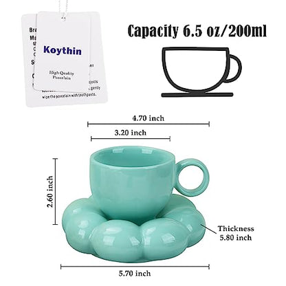 Koythin 6.5oz Sunflower Saucer Mini Ceramic Mug, Blue-Green Tea Latte Cup | 200ml Refreshing Small Mug, Dual Safe Ceramic; Home Office Light Drink Cup, Aesthetic Decor - color: Blue-green