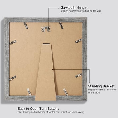 Hongkee 12x12 Picture Frame Set of 4 - Made of Glass and Grey Wooden Frame, Display Square Pictures 10x10 with Mat or 12 x 12 without Mat, Desktop & Wall Collage Photo Frame - color: Grey, size: 12x12 in