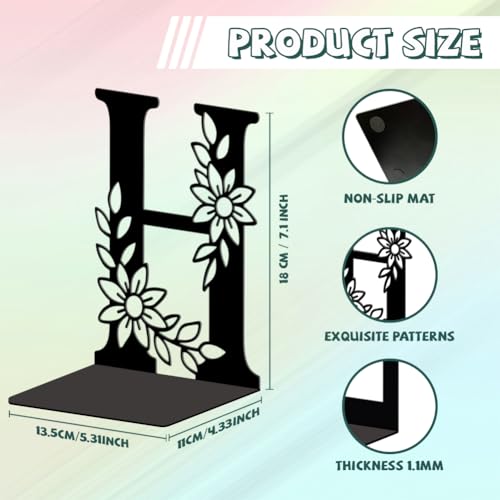 5.3"x4.3"x7.1" Metal Bookends, Heavy Duty Book Ends for Shelves | Letter H with Flowers Theme Cast Iron Book Supports, 1 Pair Decor Stoppers for Desk, Library, Office & Home Shelves - style: Letter H with Flower