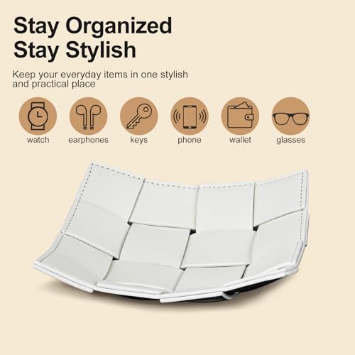 PU Leather Valet Tray for Men Women Key Holder Bowl for Entryway Table Bedside Nightstand Desk Tray for Wallet, Keys Men's Gift - Small, 7.1" D x 7.1" W x 2" H - color: Small White