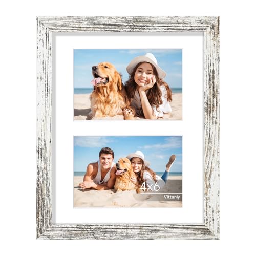 Vittanly 8x10 Collage Picture Frame for Wall or Tabletop, Distressed White | Displays 2Pcs 4x6 Pictures with Mat or 1Pc 8x10 without Mat, Picture Frame Collage Wall Decor with Stand, 1 Pack - color: Distressed White, size: 8x10