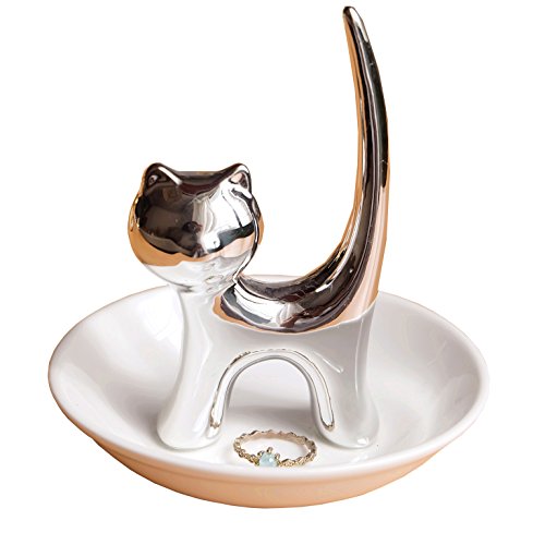 PUDDING CABIN Ring Holder Dish, Sliver Cat, Jewelry Storage for Women, Cat Lover Gifts, Christmas, Mother's Day, Birthday, Wedding, Engagement, Valentine's Day - style: Long Tail Cat