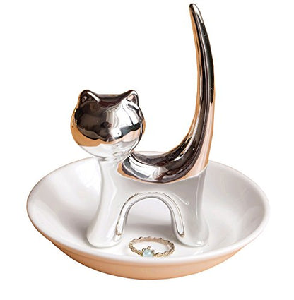 PUDDING CABIN Ring Holder Dish, Sliver Cat, Jewelry Storage for Women, Cat Lover Gifts, Christmas, Mother's Day, Birthday, Wedding, Engagement, Valentine's Day - style: Long Tail Cat